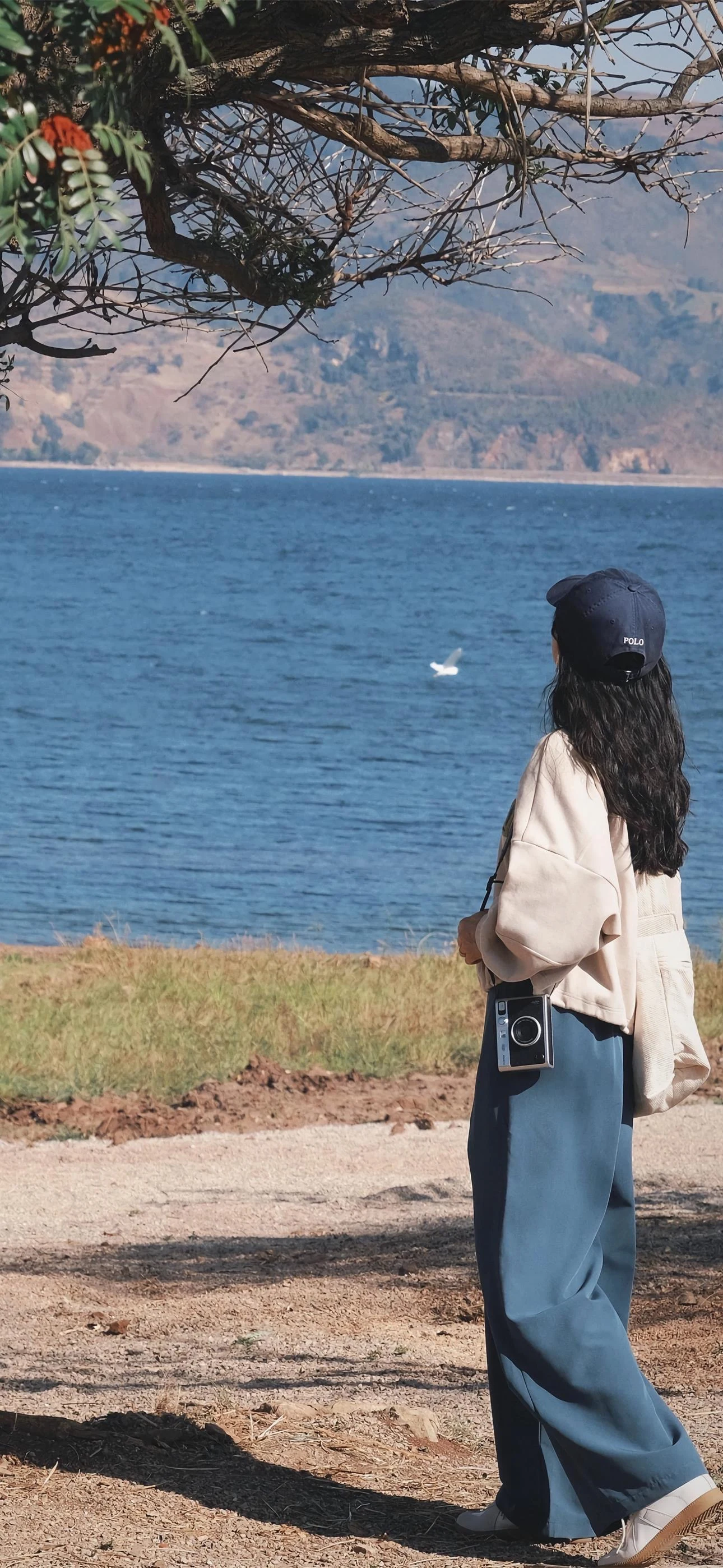 女子湖边远眺，享受自然风光