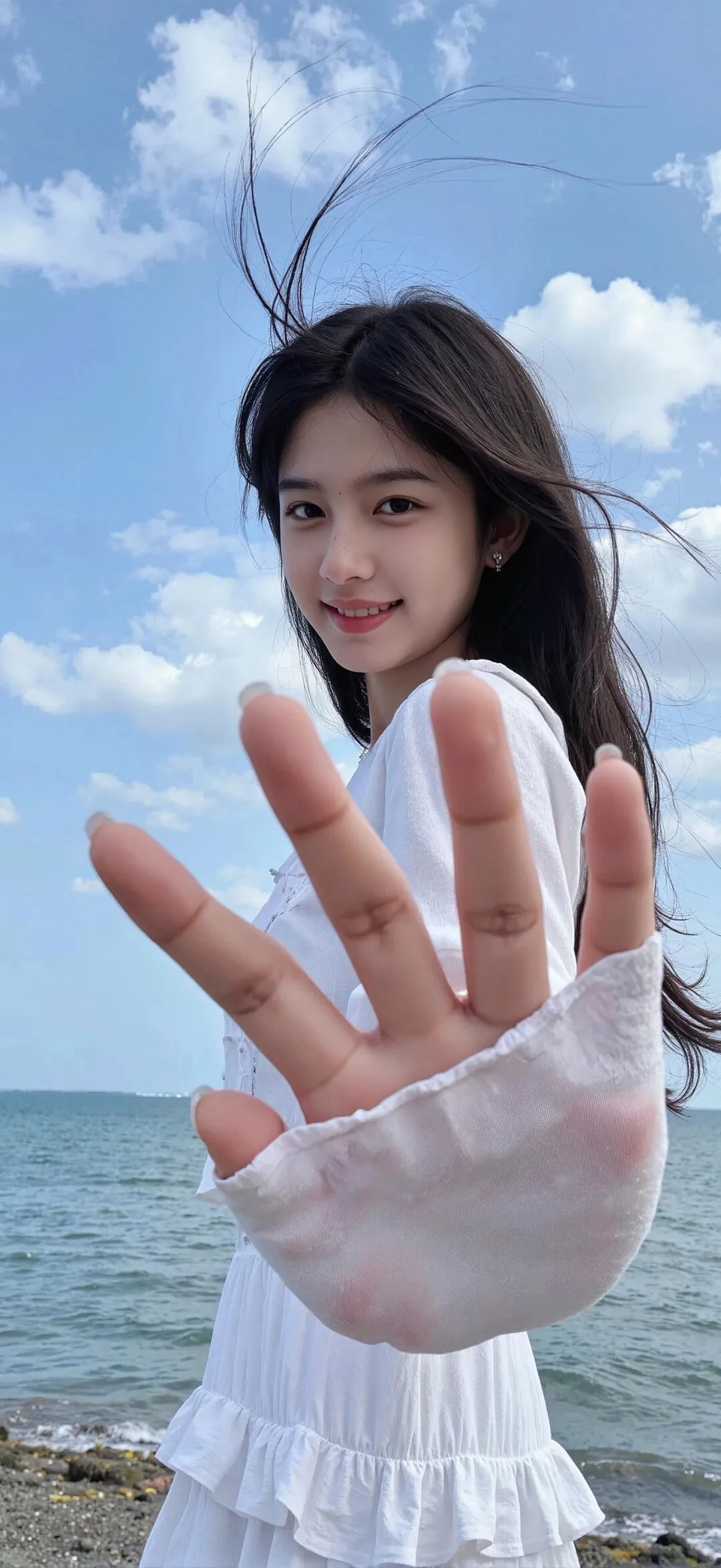 海边微笑的少女，风吹秀发，伸出手掌