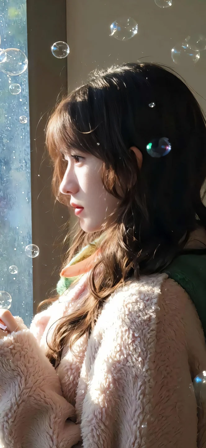 阳光下女性侧脸特写，泡泡环绕，氛围梦幻