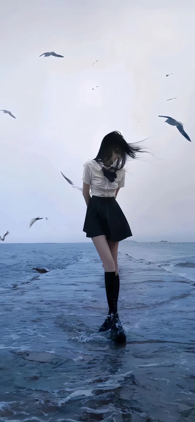海边少女与飞翔的海鸥