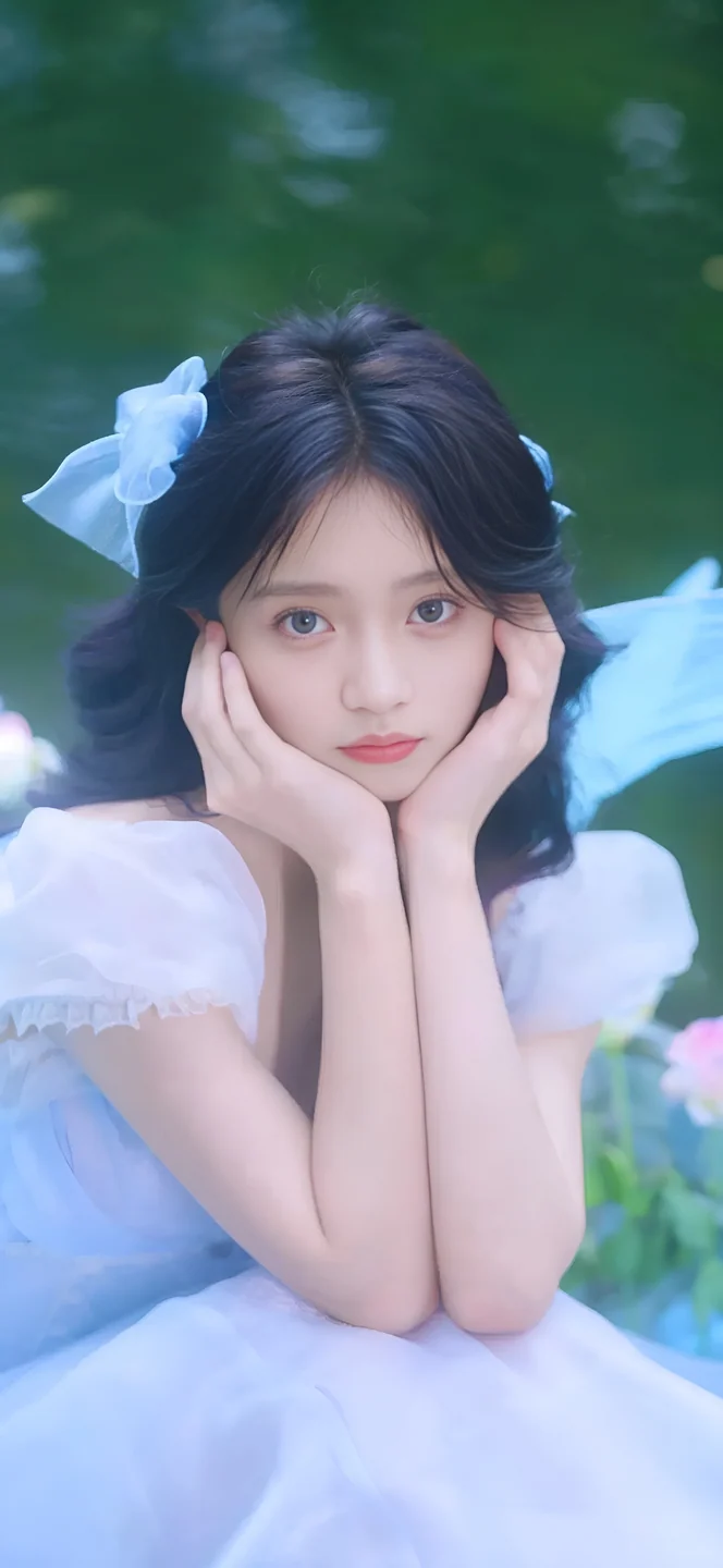 少女水边人像，蓝色梦幻氛围